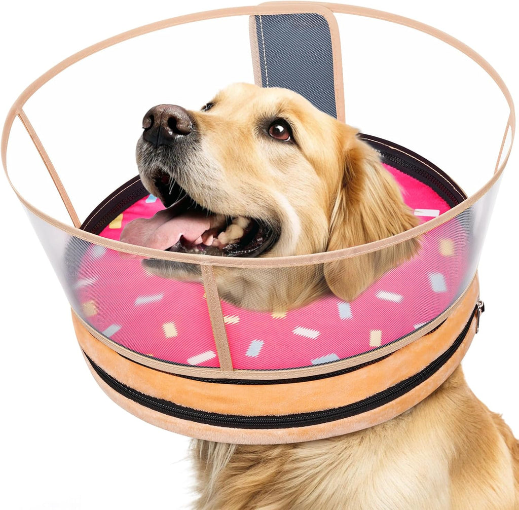 Didopet sponge dog cone after surgery front view showing pink donut pattern