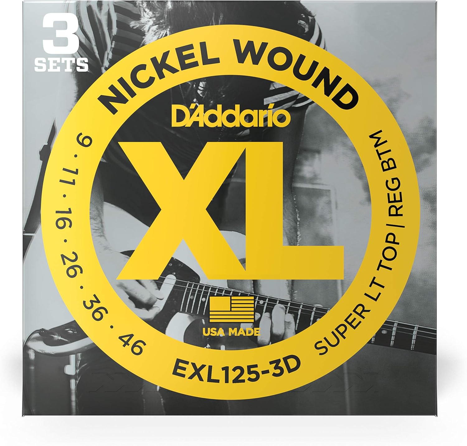 D'Addario 9-46 super light top regular bottom electric guitar strings package close up