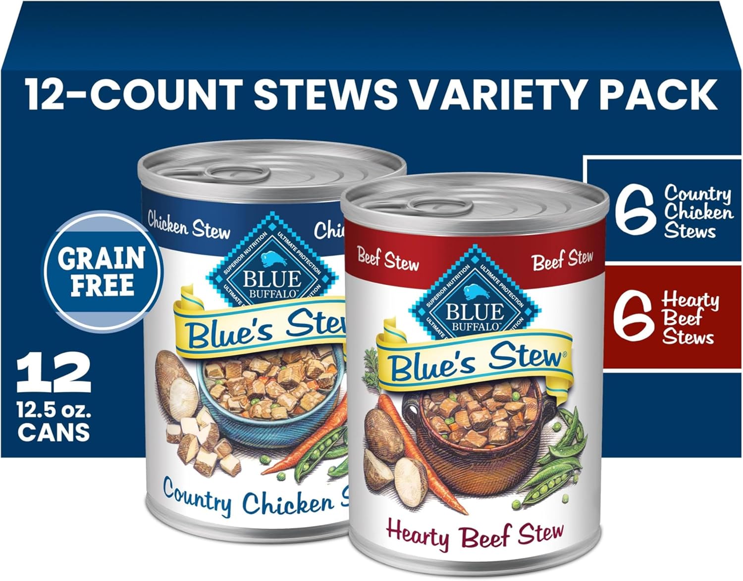 Blue Buffalo Blue's Stew Variety Pack Hearty Beef & Country Chicken Stew Natural Grain Free Wet Dog Food with Real Meat in Thick Savory Gravy, Natural Ingredients, 12.5-oz Cans (6 Count) - Image 11