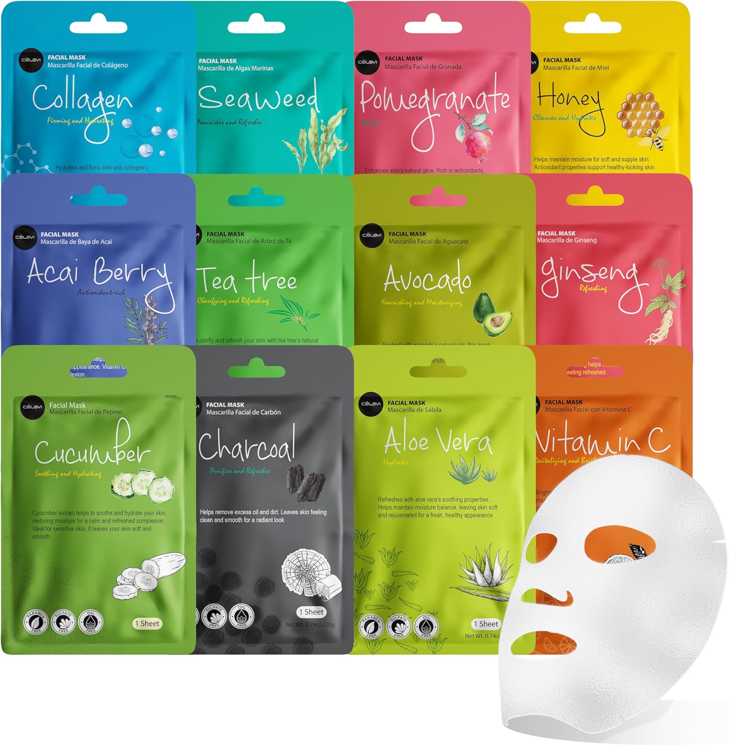 Celavi Essence Facial Sheet Face Mask Variety Set Classic Authentic Korean Moisturizing Skincare (12-Packs) - Image 1