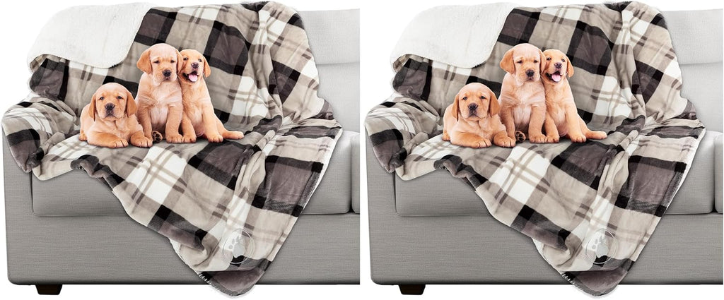 Petmaker pet blanket in gray plaid packaging demonstrating its 60 by 50 inch dimensions.