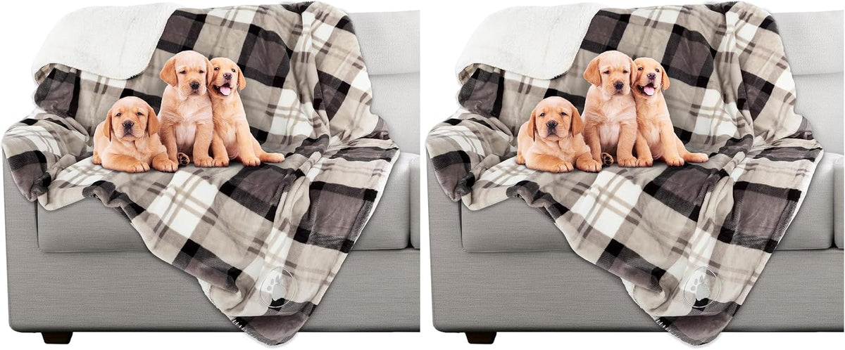 Petmaker pet blanket in gray plaid packaging demonstrating its 60 by 50 inch dimensions.