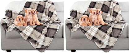 Petmaker pet blanket in gray plaid packaging demonstrating its 60 by 50 inch dimensions.