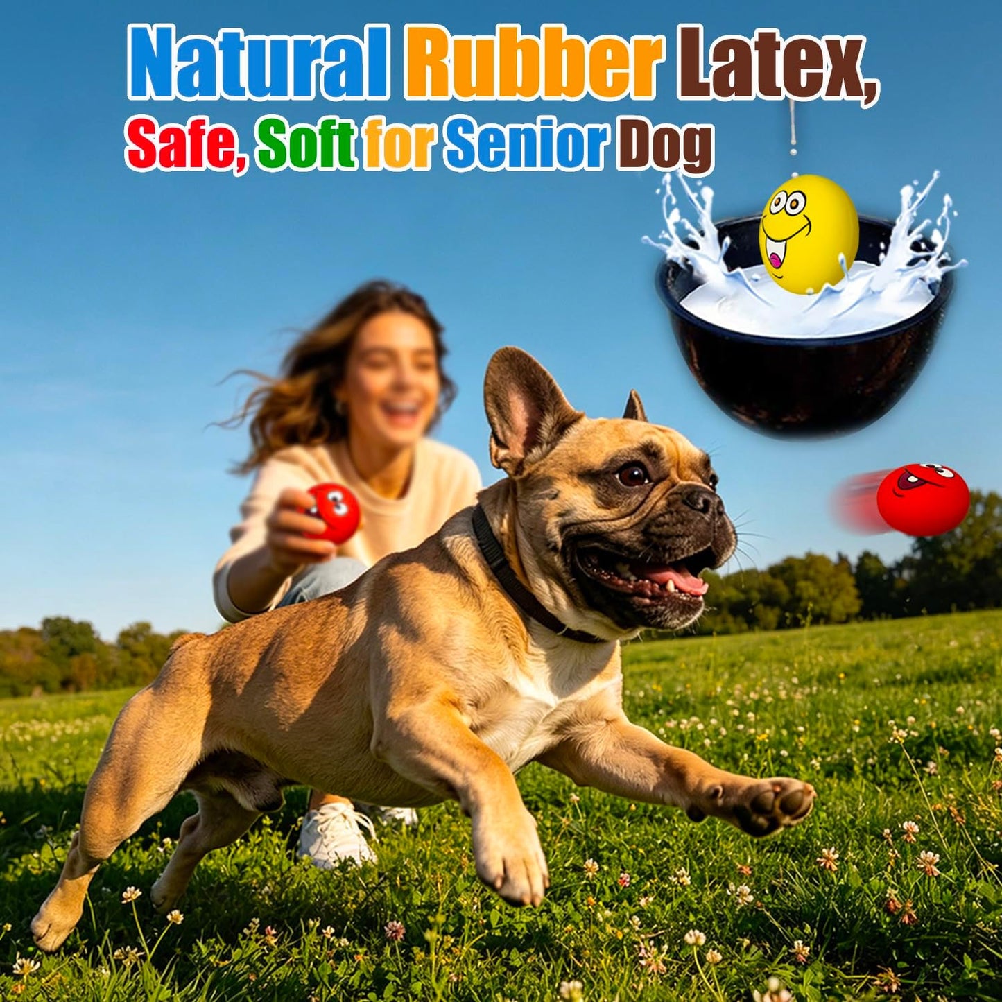 Reinforced internal squeaker pet ball floating on water during outdoor dog pool play.