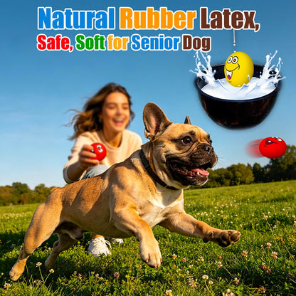 Reinforced internal squeaker pet ball floating on water during outdoor dog pool play.