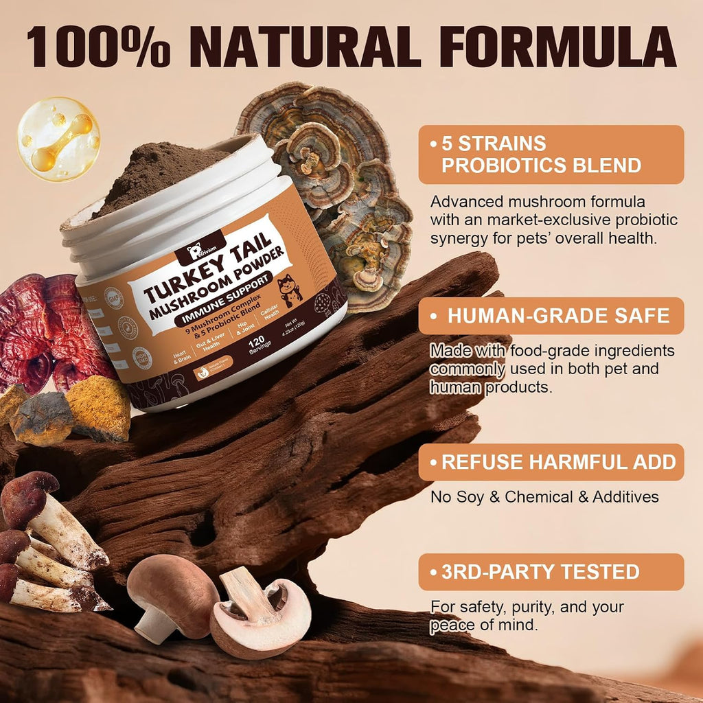 Petrivium nine mushroom and five probiotic powder container showing chicken flavor detail.