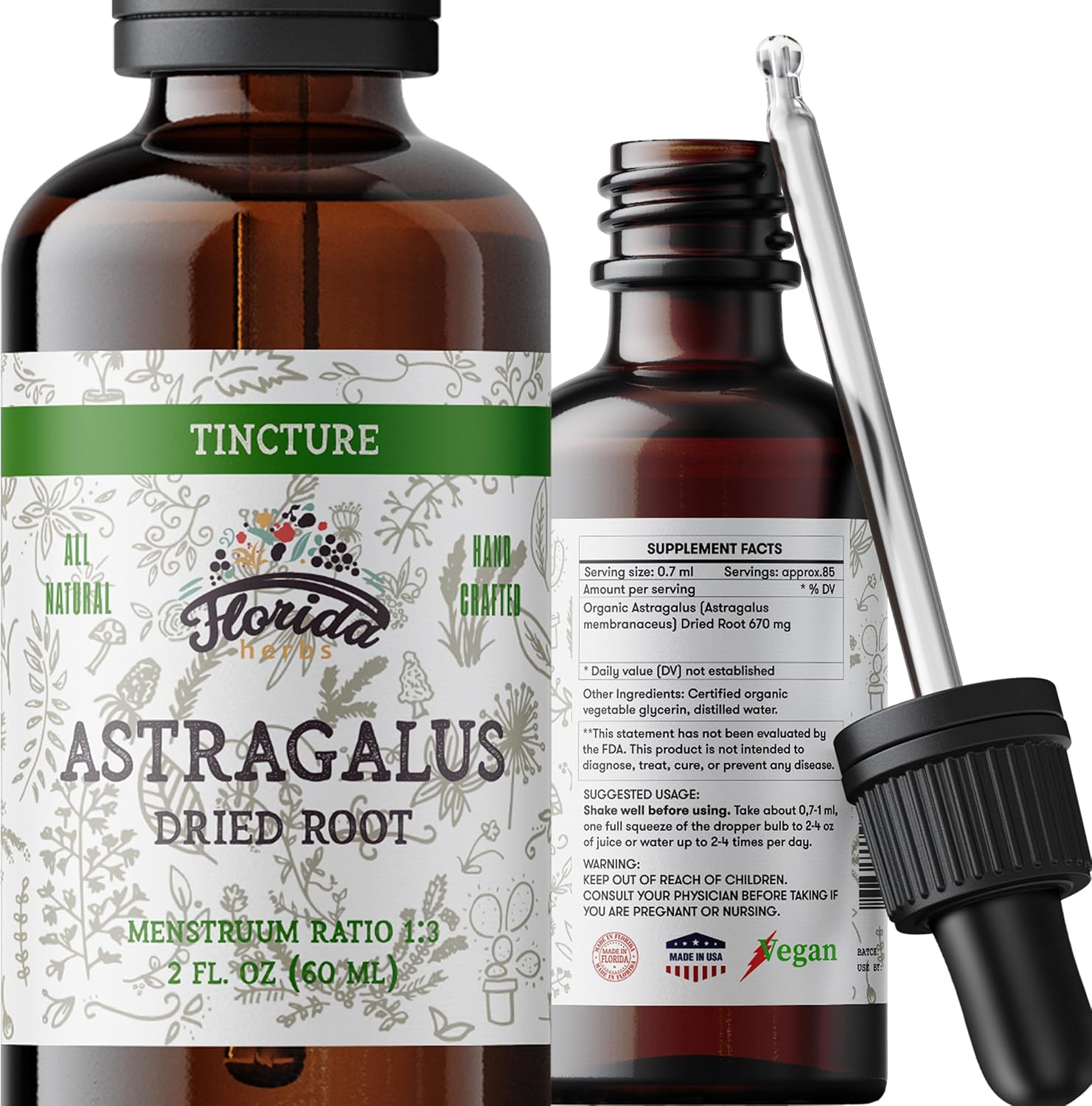 Florida Herbs Astragalus Tincture two fluid ounce bottle front view for organic immune support.