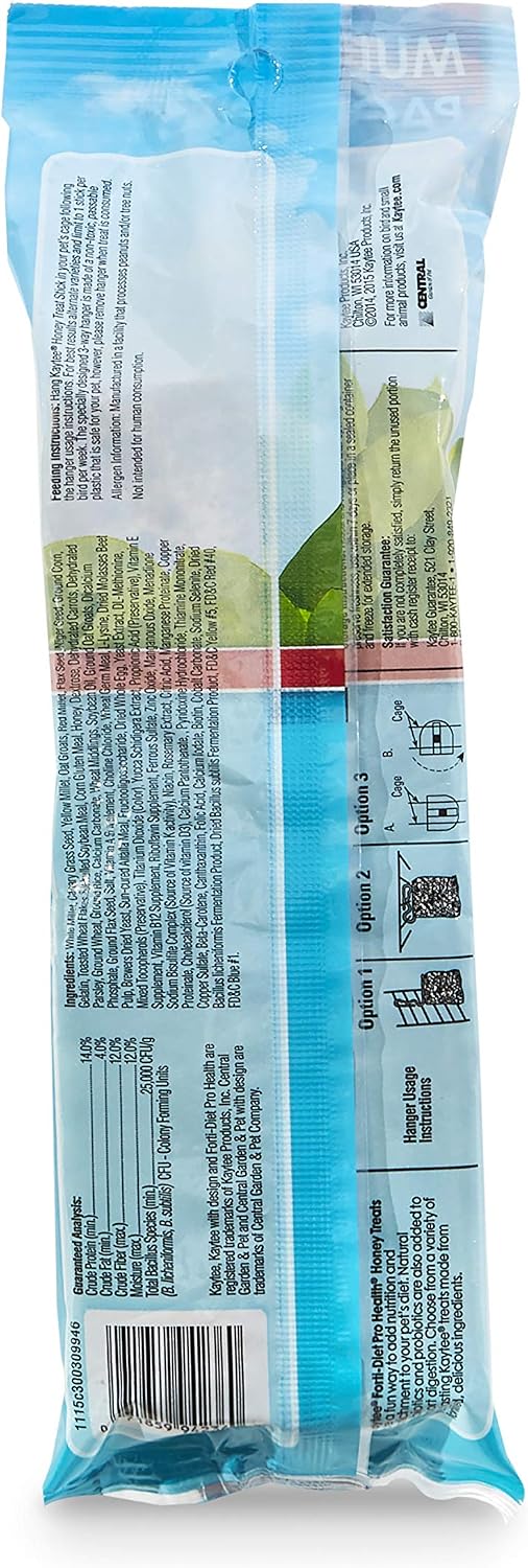 Close up of Kaytee honey seed treat stick for parakeets