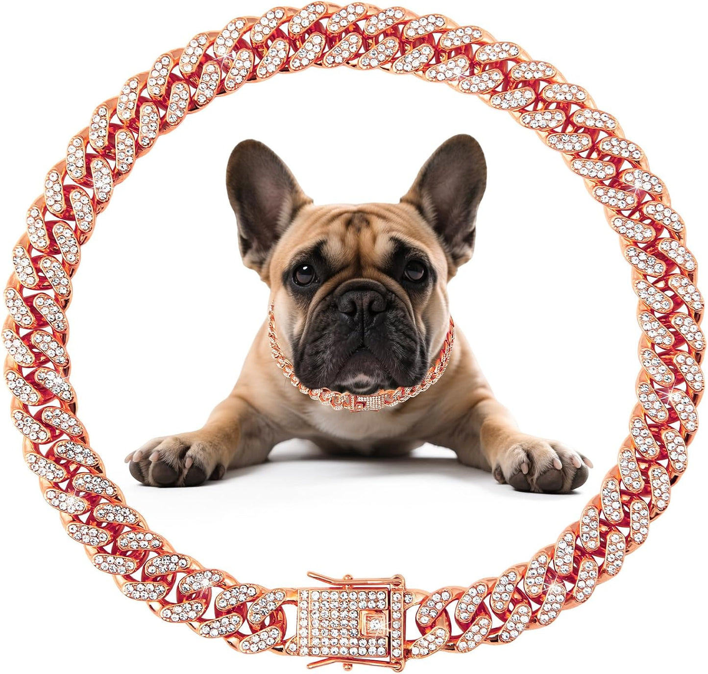 Dog Necklace Metal Cuban Link Dog Collar Gold Crystal Chain Collar with Design Secure Buckle Pet Collar Jewelry Accessories for Small Medium Large Dogs Cats(8inch) - Image 9