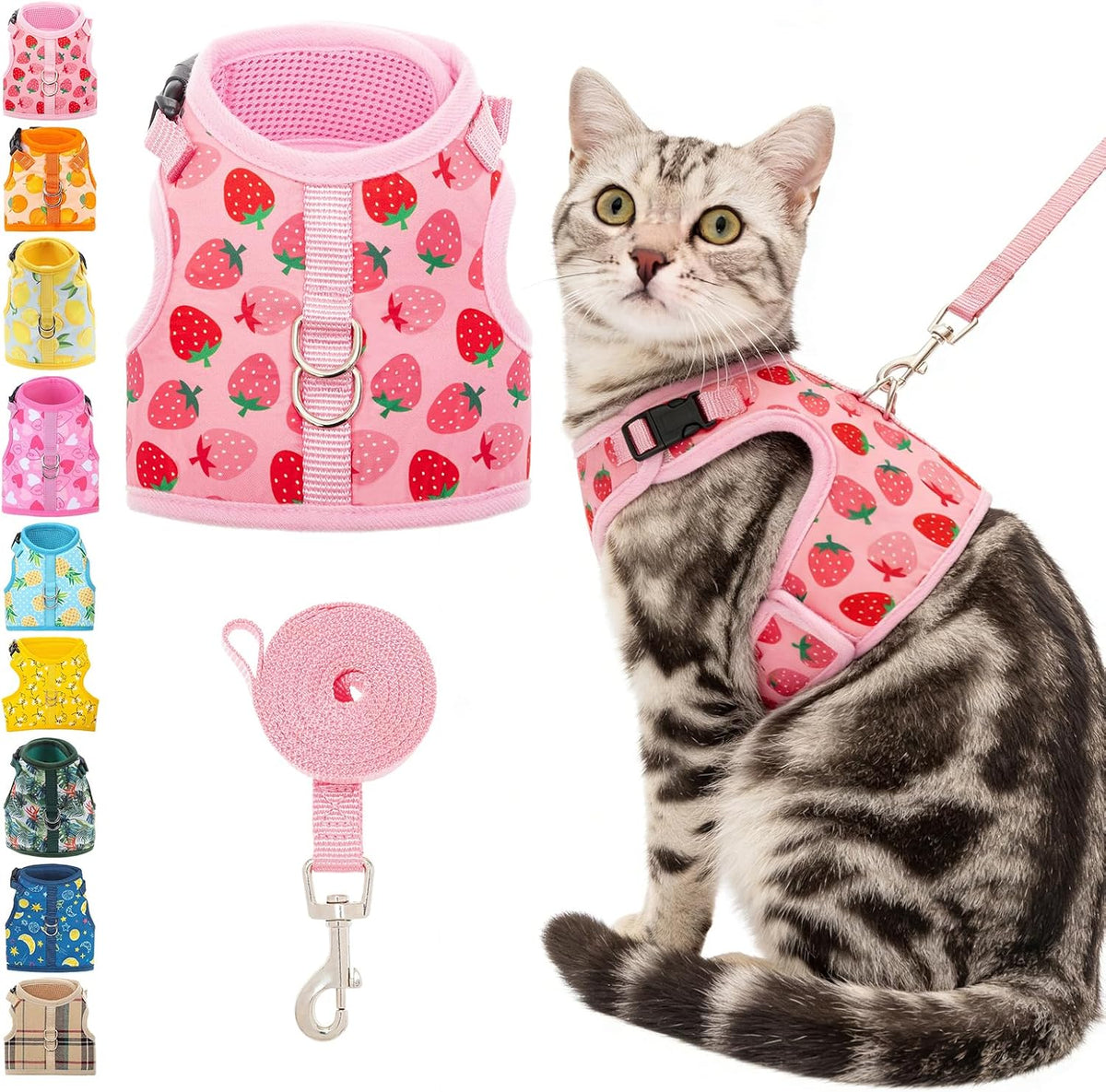 Bingpet escape proof cat harness and leash set front view pink strawberry mesh vest