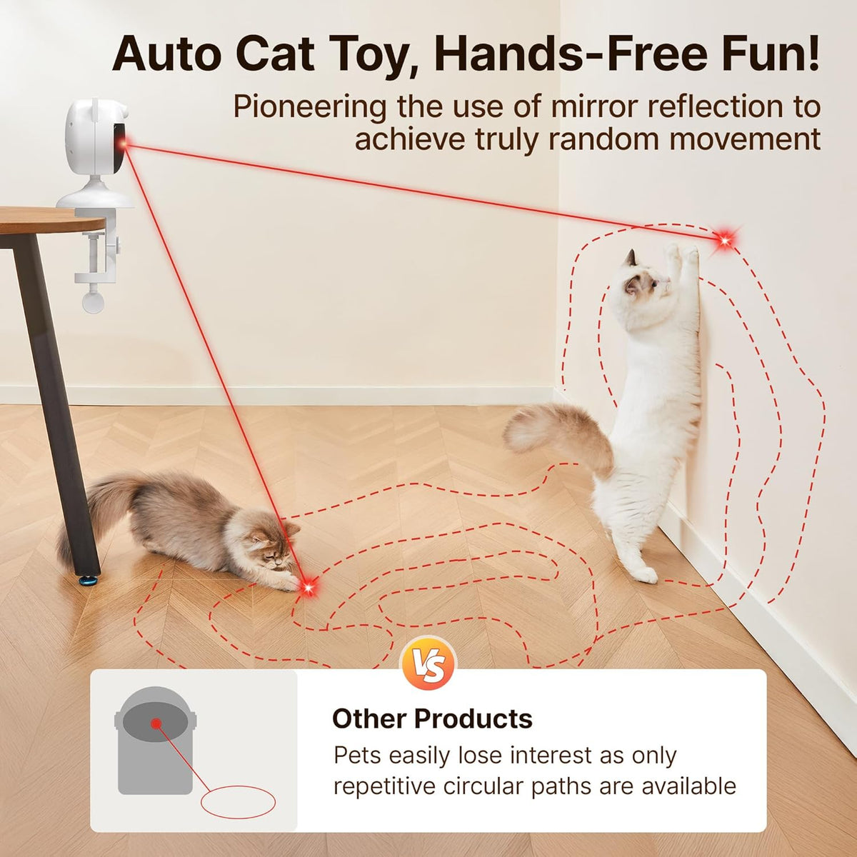 Potaroma smart sensor pet toy displaying internal mirror reflection mechanism for jittery path