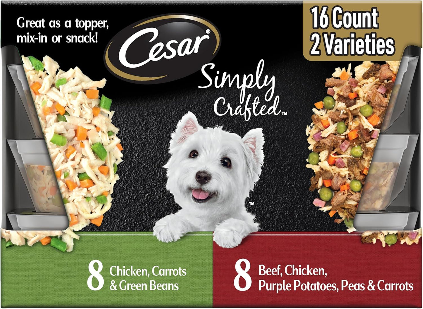 Cesar Simply Crafted Wet Dog Food Toppers for Dry Food, Chicken, Duck, Purple Potatoes, Pumpkin, Green Beans & Brown Rice, and Chicken, Carrots, Barley & Spinach Variety Pack, 1.3 oz Tubs, 8 Count - Image 14