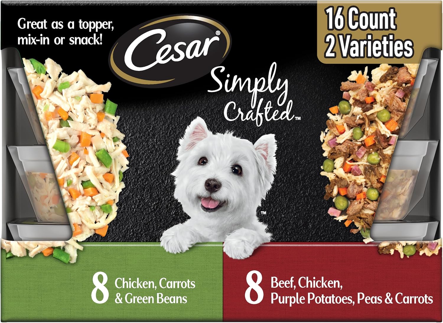 Cesar Simply Crafted Wet Dog Food Toppers for Dry Food, Chicken, Duck, Purple Potatoes, Pumpkin, Green Beans & Brown Rice, and Chicken, Carrots, Barley & Spinach Variety Pack, 1.3 oz Tubs, 8 Count - Image 14