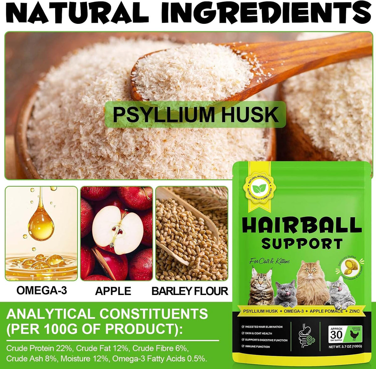 Chicken flavored hairball support snack with crunchy outer shell and creamy core.