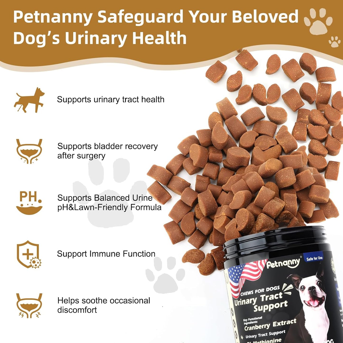 Petnanny cranberry supplement for dogs showing chicken flavor treats packaging