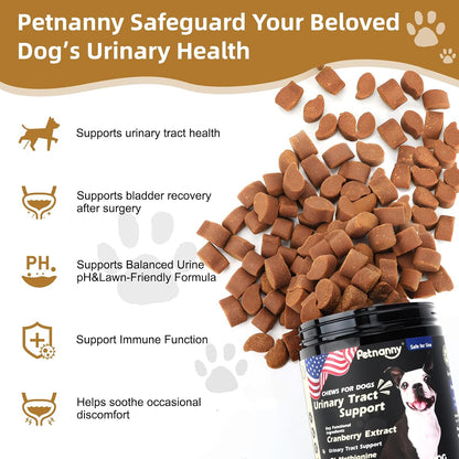Petnanny cranberry supplement for dogs showing chicken flavor treats packaging