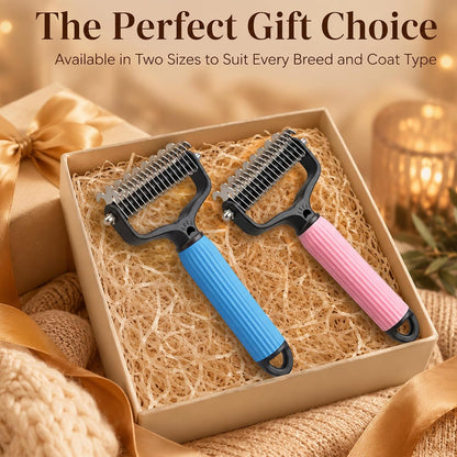 Premium imported pet deshedding brush set package contents on white background