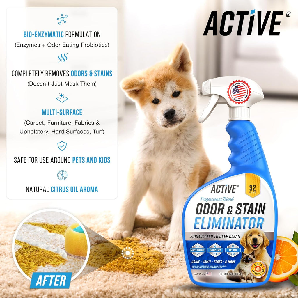 ACTIVE pet urine cleaner spray being applied to a carpet stain.