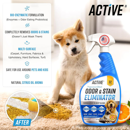 ACTIVE pet urine cleaner spray being applied to a carpet stain.