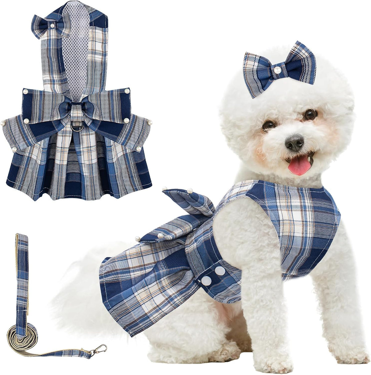 Coppthinktu Plaid Dog Dresses for Small Dogs Girl Bowknot Harness Leash Set, Cute Small Dog Dress Harness Cat Clothes Female with Pearl Bow Hair Clip, Summer Puppy Dress Yorkies Chihuahua Outfits - Image 9