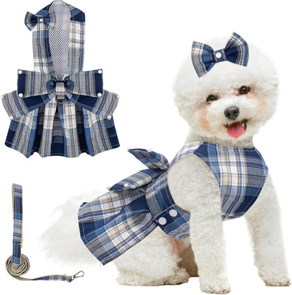 Coppthinktu Plaid Dog Dresses for Small Dogs Girl Bowknot Harness Leash Set, Cute Small Dog Dress Harness Cat Clothes Female with Pearl Bow Hair Clip, Summer Puppy Dress Yorkies Chihuahua Outfits - Image 9