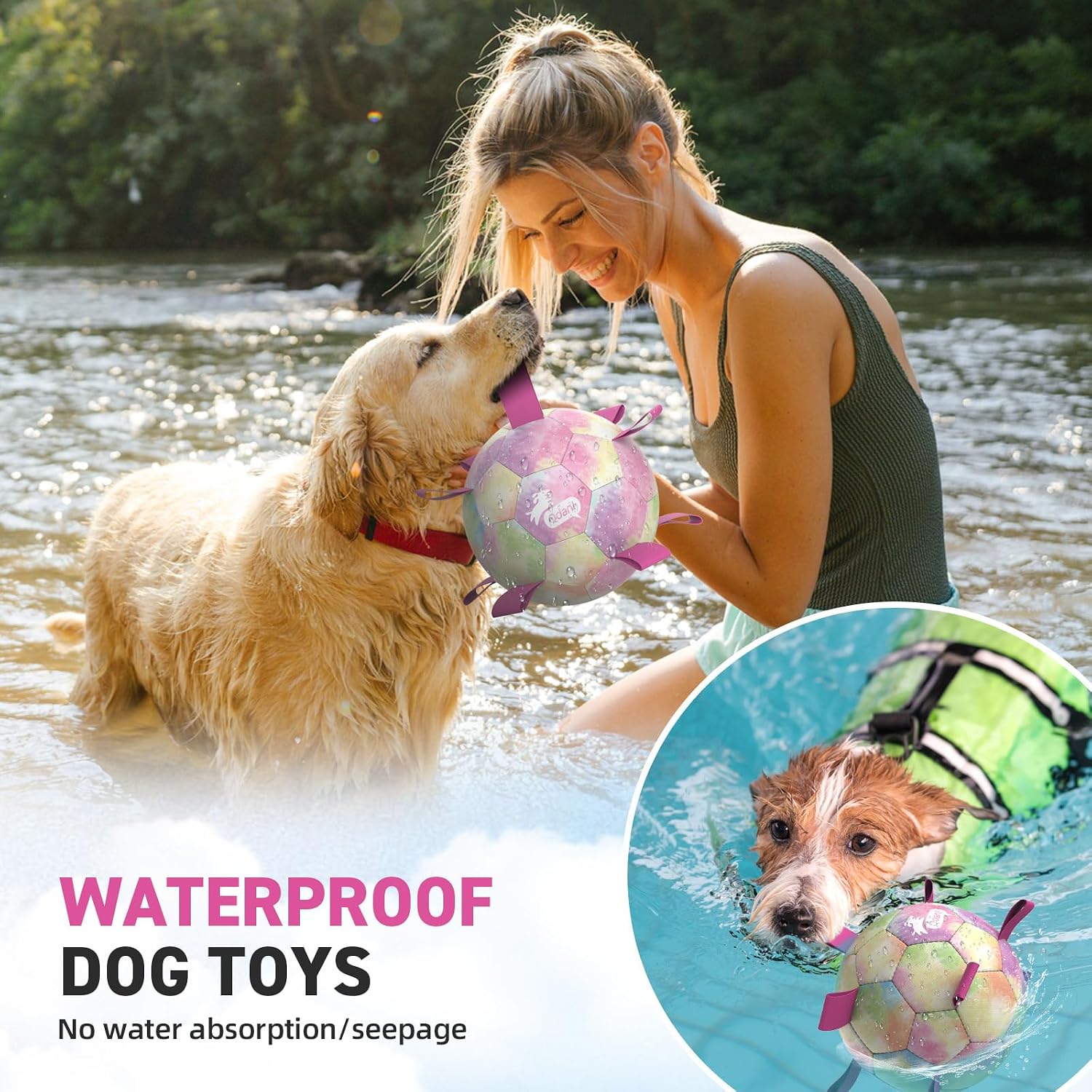 Durable water-ready dog ball floating in a pool