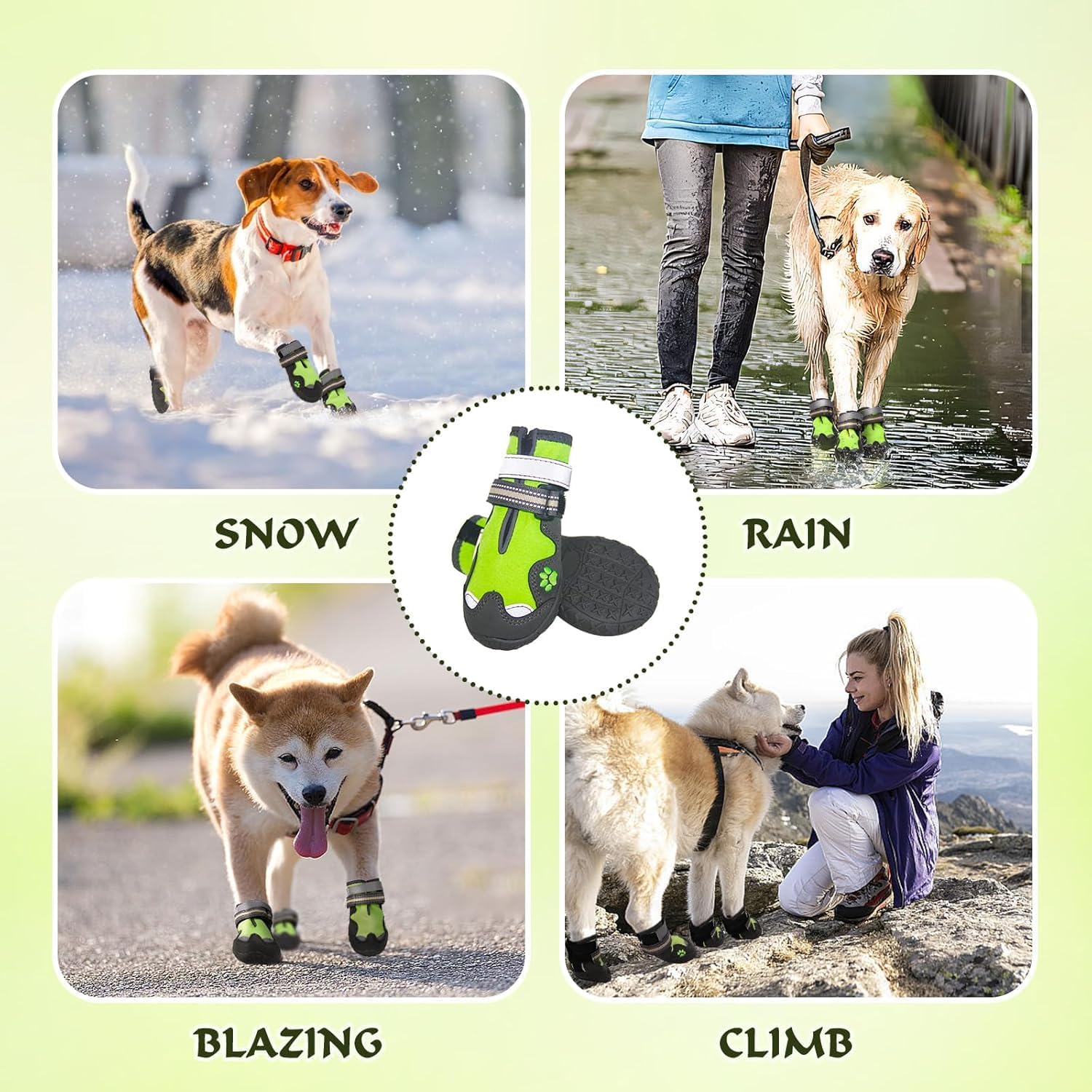 Set of 4 green paw protectors for snowy weather