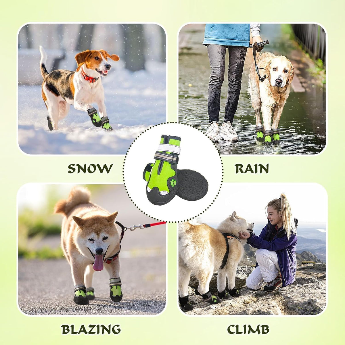 Set of 4 green paw protectors for snowy weather