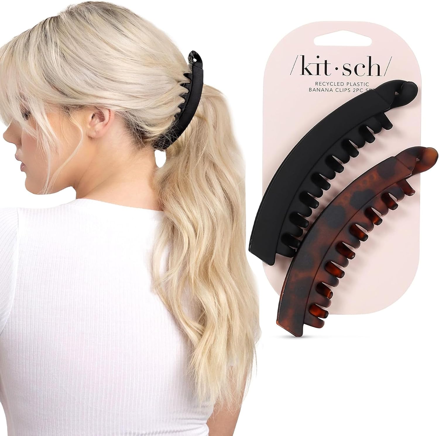 Kitsch Banana Clips front view of black and tortoiseshell hair accessories set.