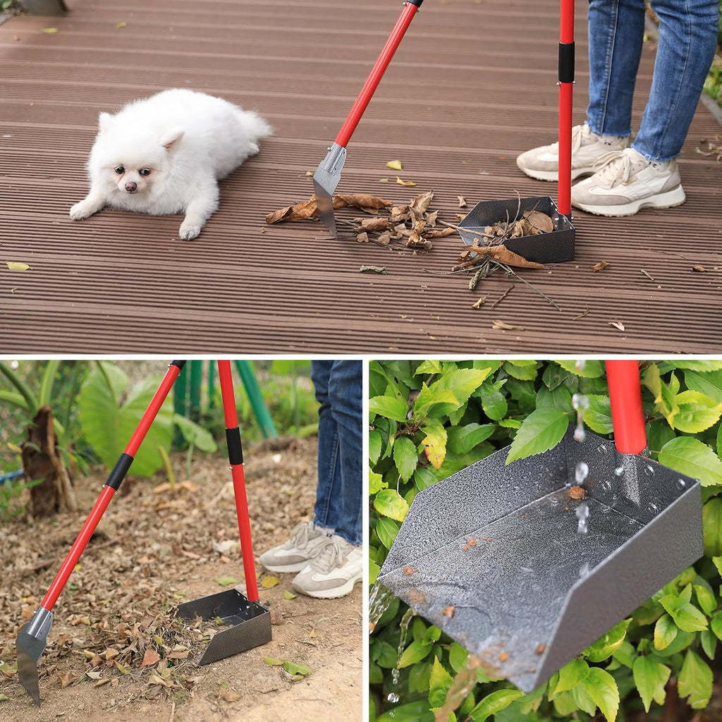 Weather resistant outdoor pet cleanup tool standing upright via storage clips.