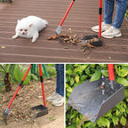 Weather resistant outdoor pet cleanup tool standing upright via storage clips.