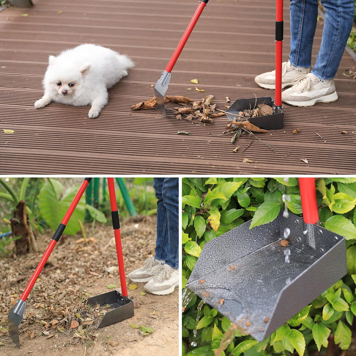 Weather resistant outdoor pet cleanup tool standing upright via storage clips.