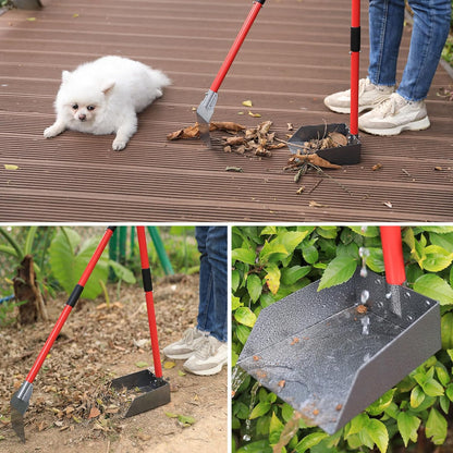 Weather resistant outdoor pet cleanup tool standing upright via storage clips.