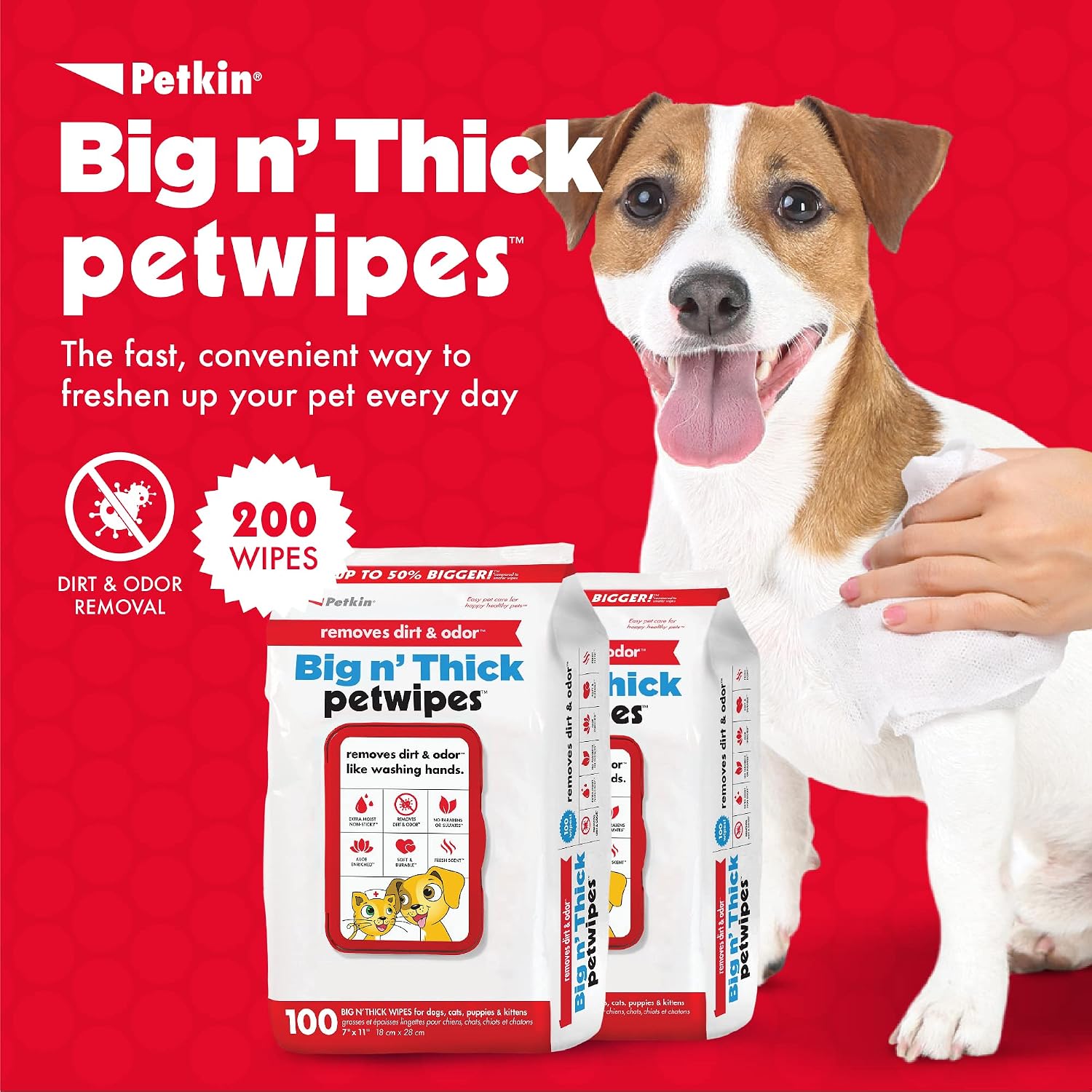 Petkin large pet grooming wipes showing the flip top lid container