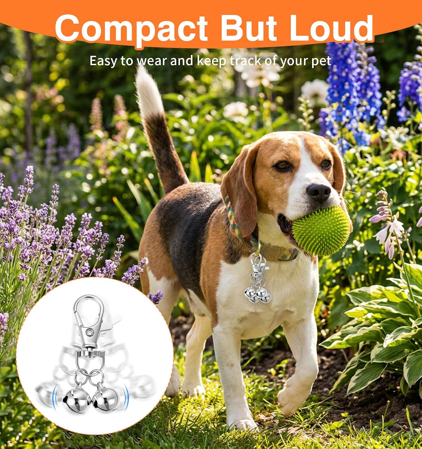 Stainless steel pet tracking bells attached securely to a cat collar ring.