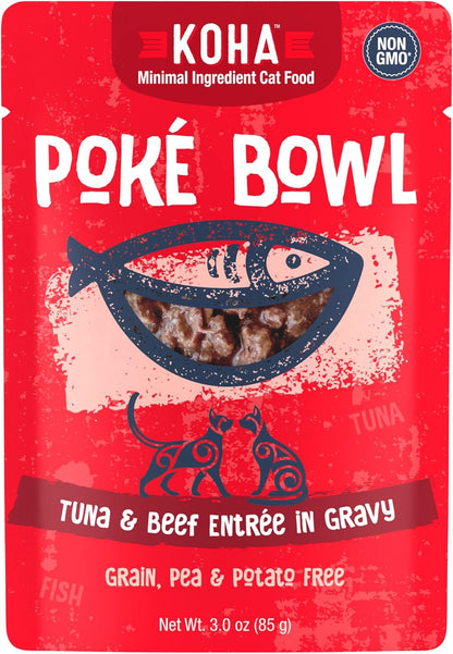 KOHA cat food poke bowl selection showing safe BPA free pouch packaging for sensitive stomach pets.