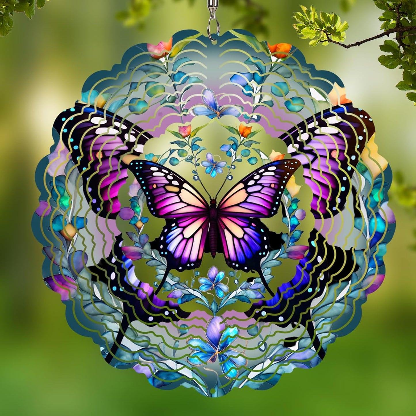 Cawalap 3D butterfly wind spinner front view in a garden