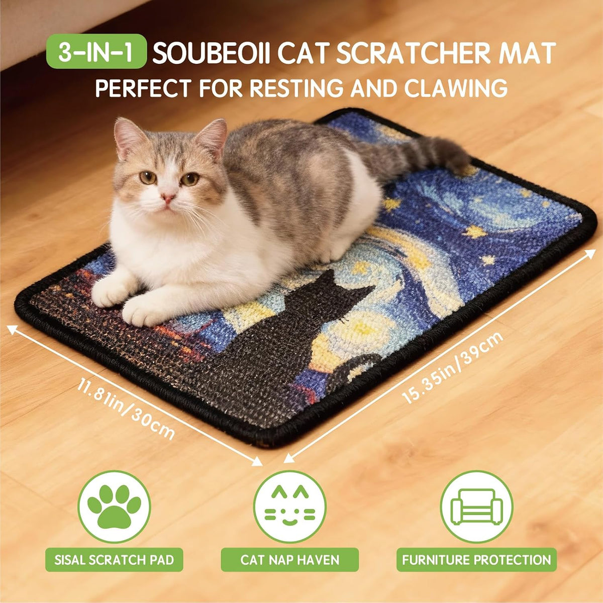 Soubeoii cat scratcher mat mounted on a living room wall
