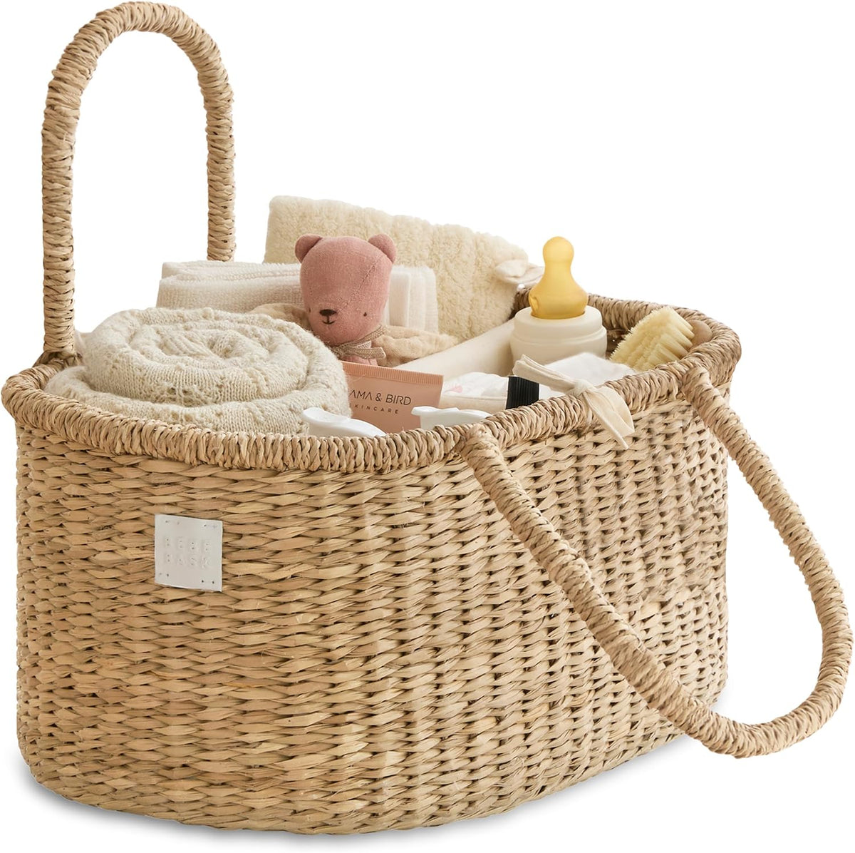 Bebe Bask Rosa artisan-made seagrass diaper caddy front view