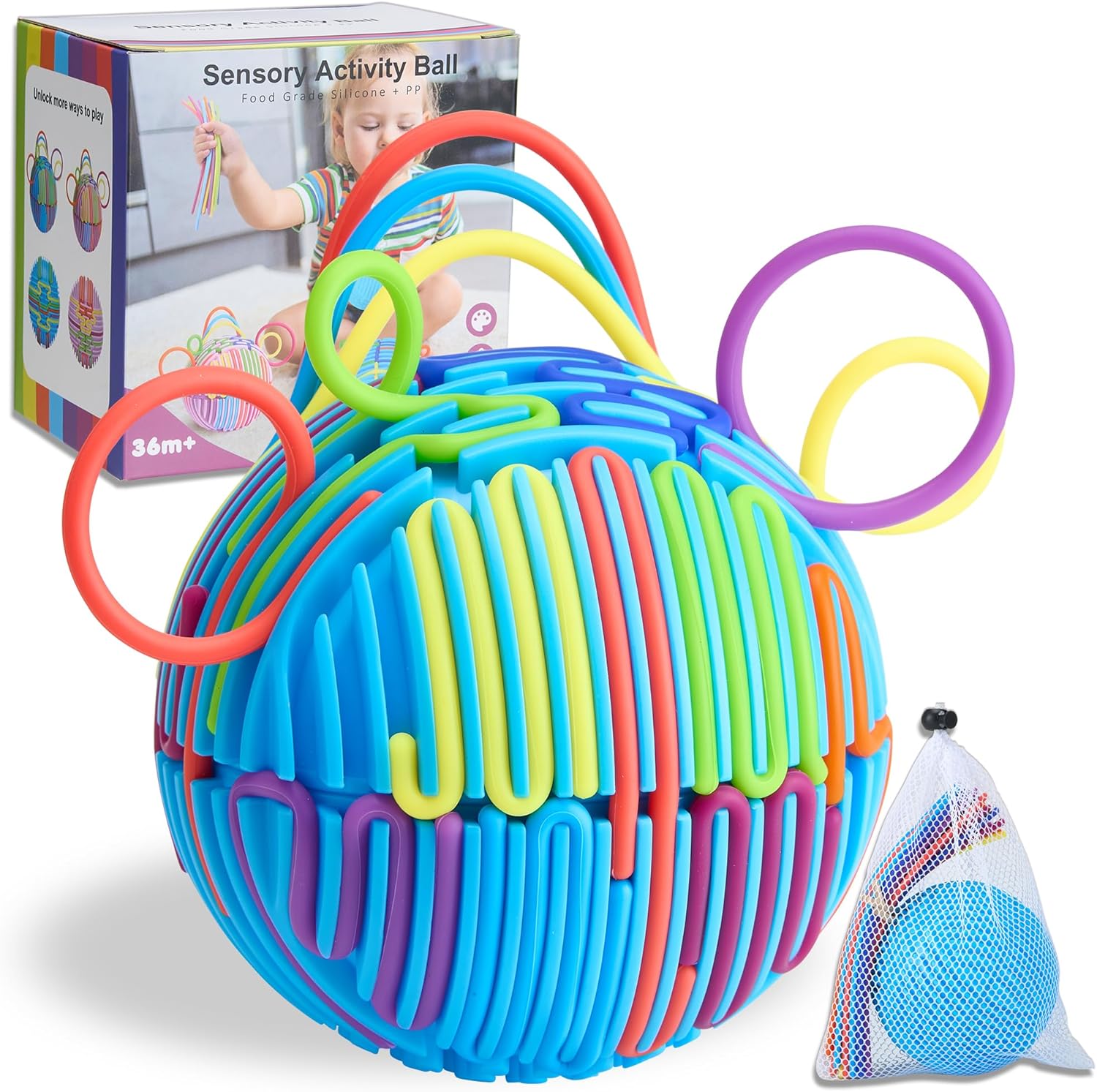 Helsort sensory activity ball front view showcasing colorful silicone strings.