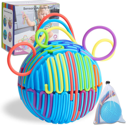 Helsort sensory activity ball front view showcasing colorful silicone strings.
