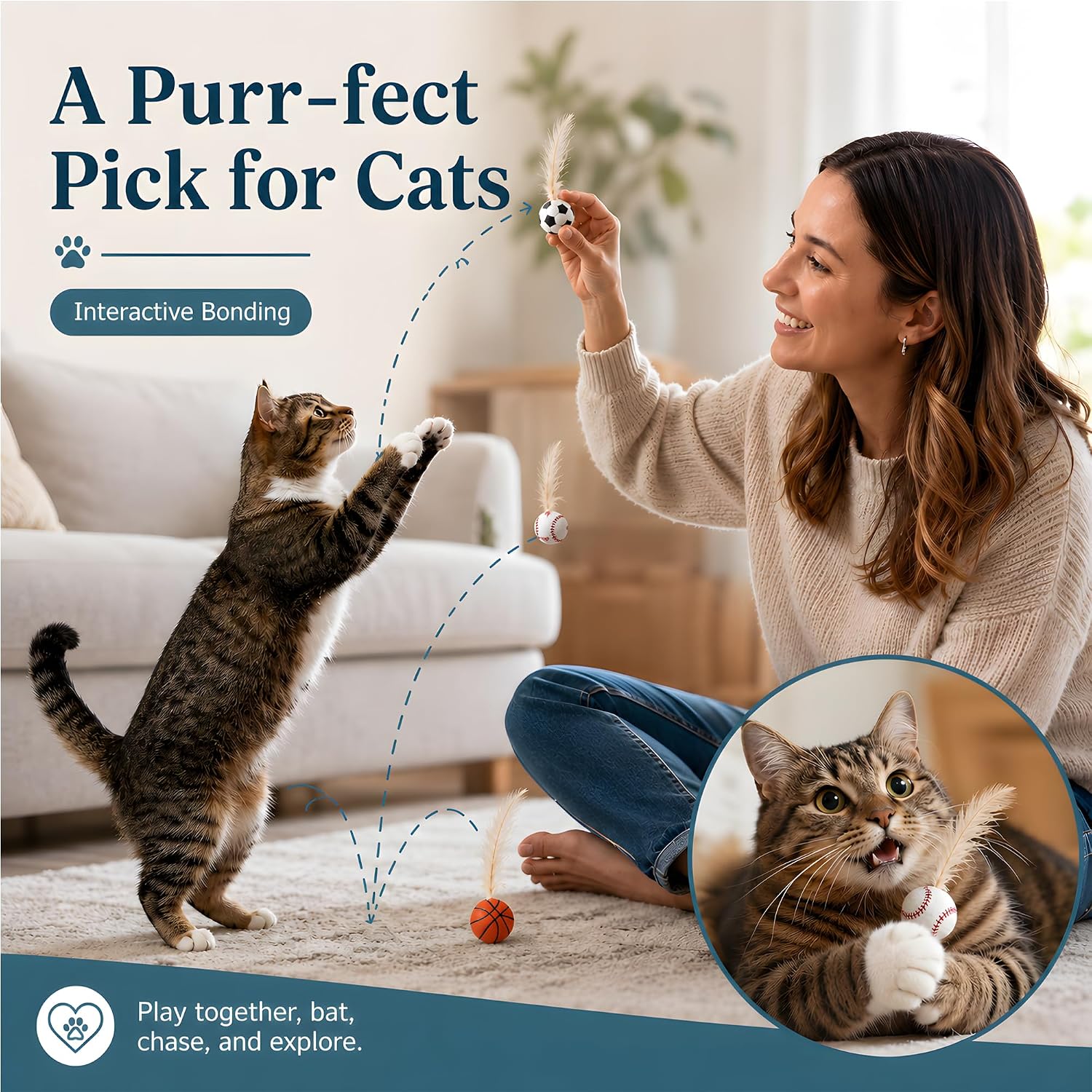 Kitten pouncing on a high contrast bouncing ball toy during daily home training