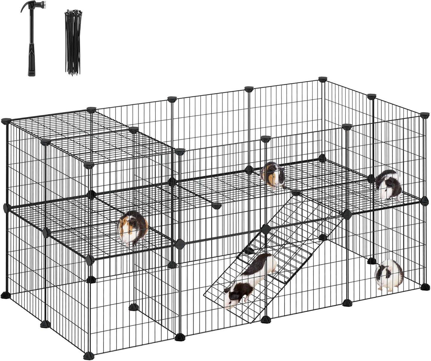 SONGMICS 36 Panels Pet Playpen, Small Animal Playpen, Rabbit Guinea Pig Cage, Zip Ties Included, Metal Wire Apartment-Style Two-Story Pet Premium Villa for Bunnies Puppies,Indoor Use, Black ULPI002B01 - Image 1