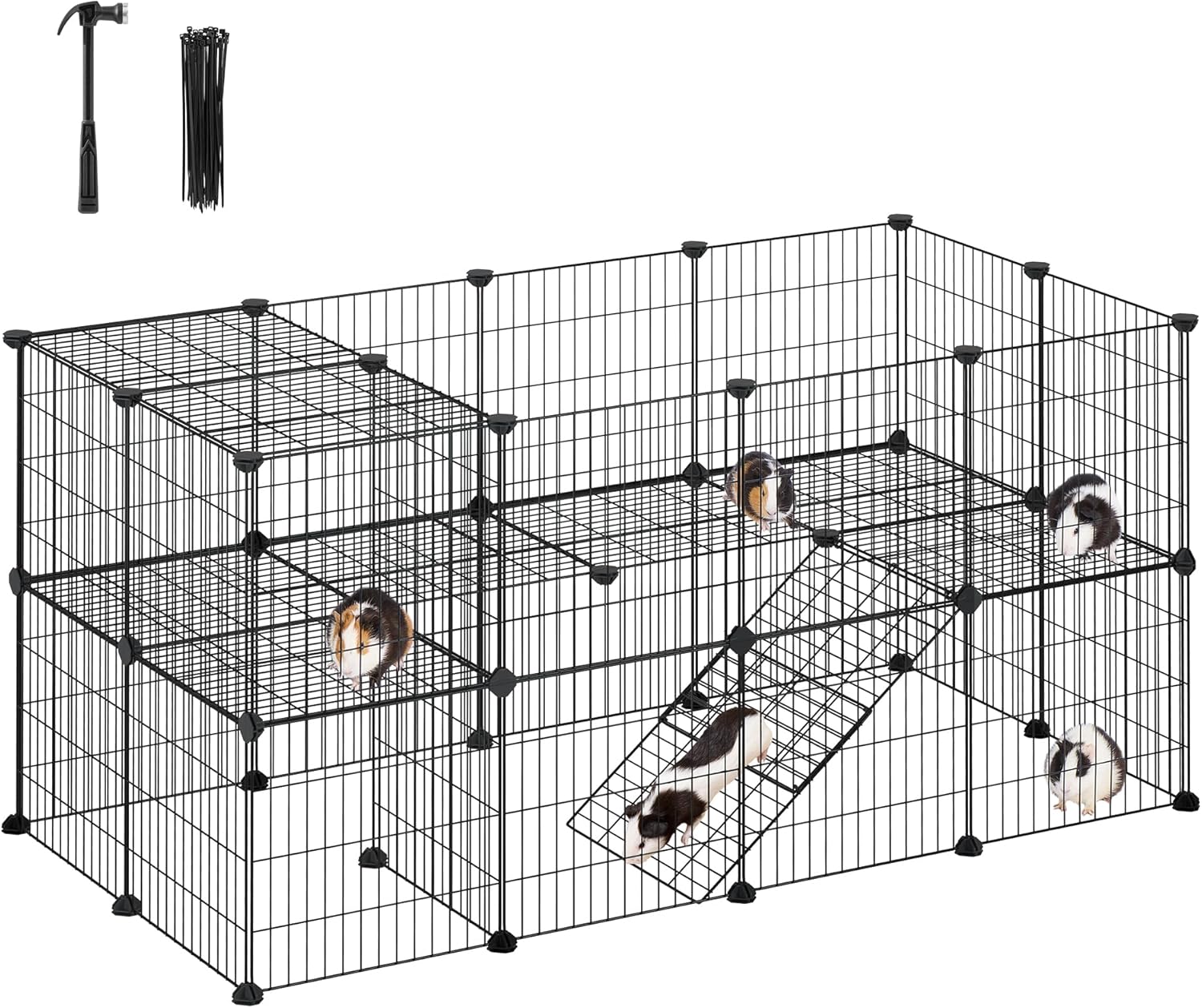 SONGMICS 36 Panels Pet Playpen, Small Animal Playpen, Rabbit Guinea Pig Cage, Zip Ties Included, Metal Wire Apartment-Style Two-Story Pet Premium Villa for Bunnies Puppies,Indoor Use, Black ULPI002B01 - Image 1
