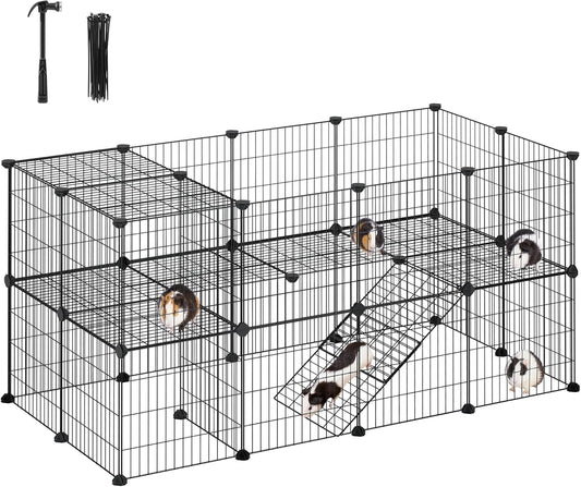 SONGMICS 36 Panels Pet Playpen, Small Animal Playpen, Rabbit Guinea Pig Cage, Zip Ties Included, Metal Wire Apartment-Style Two-Story Pet Premium Villa for Bunnies Puppies,Indoor Use, Black ULPI002B01 - Image 1