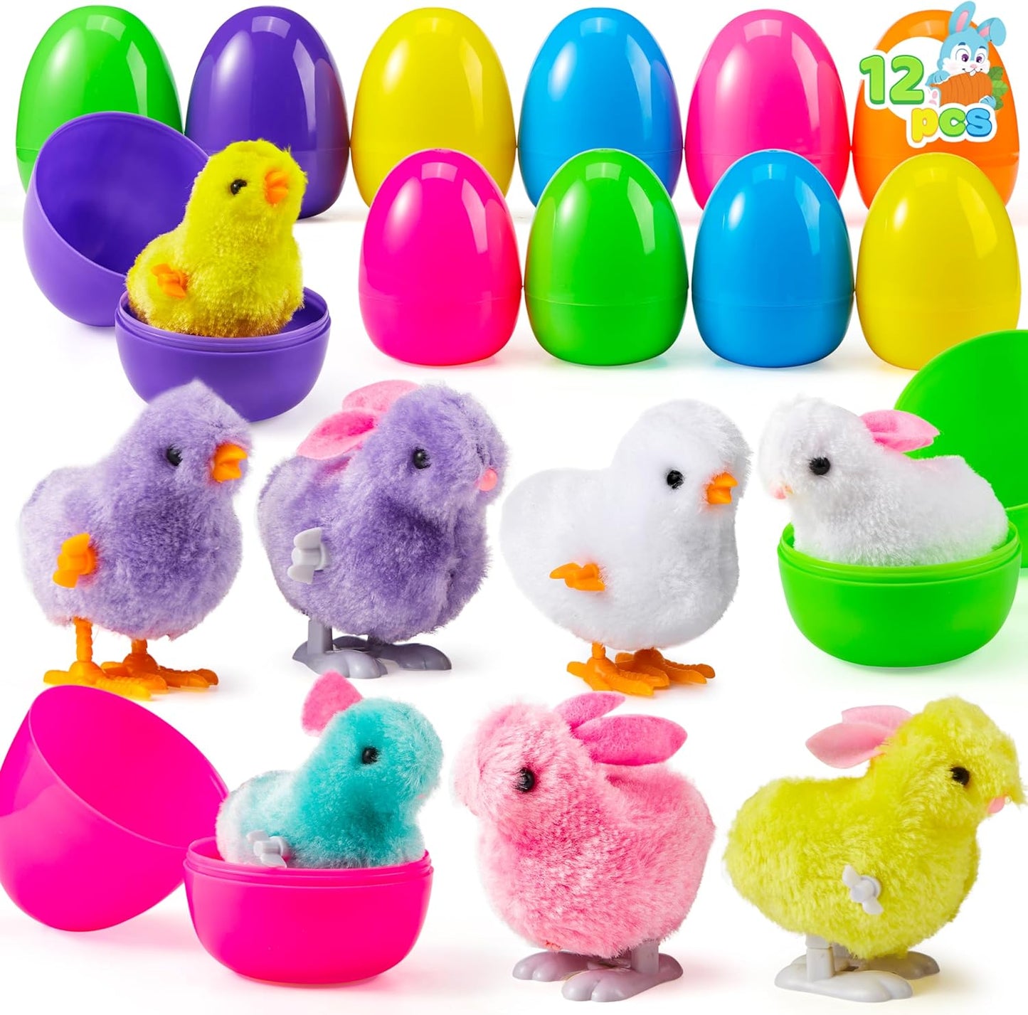 JOYIN 12 Piece prefilled Easter eggs front view displaying colorful plastic shells and wind up plush toys
