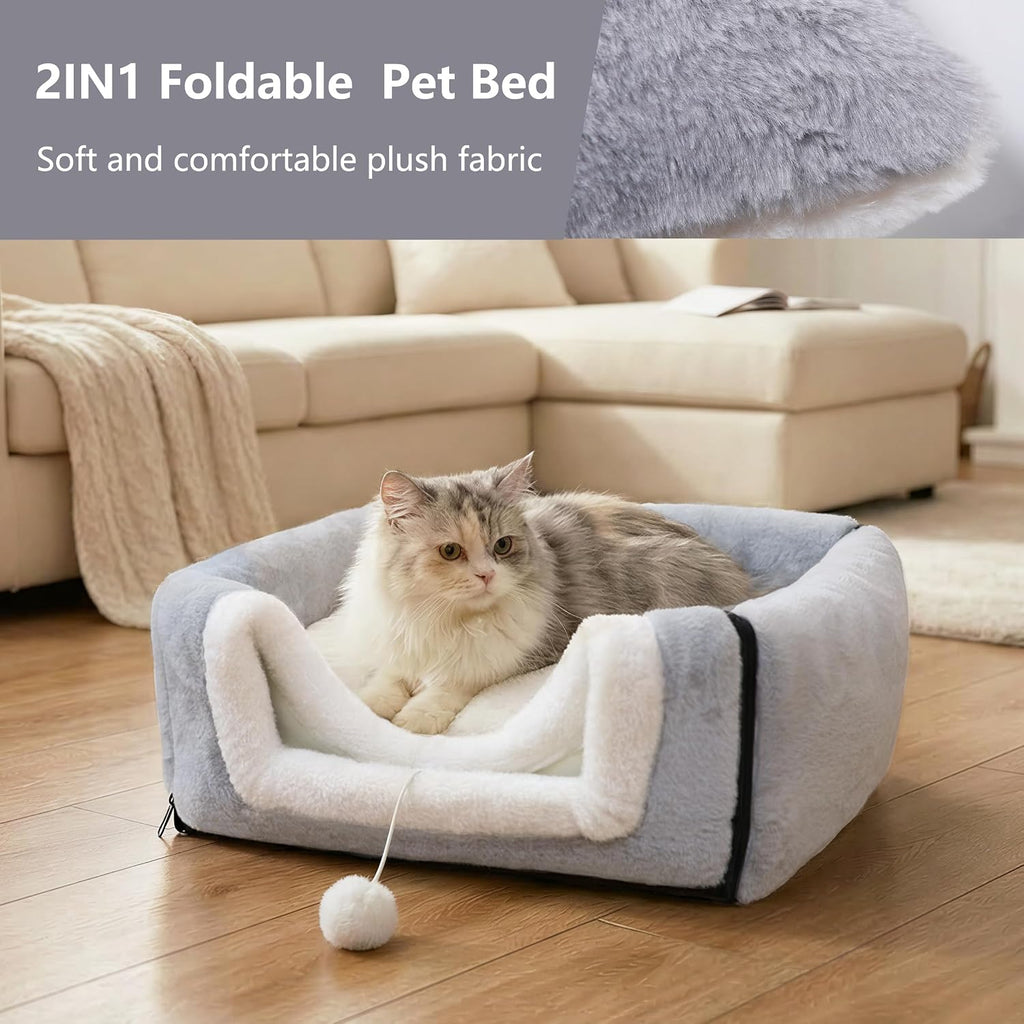 Side profile of grey foldable pet cave for cats