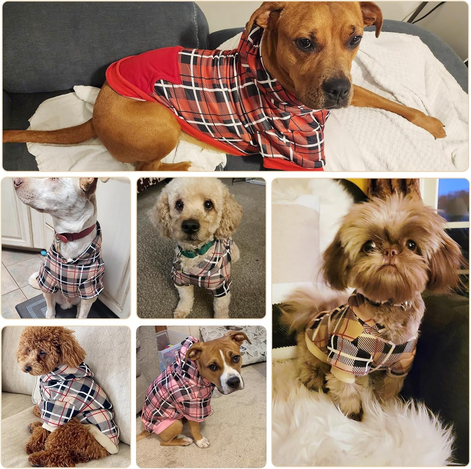 EXPAWLORER Plaid Dog Hoodie - British Style Warm Dog Sweater Shirt with Leash Hole,Pitbull Clothes Outfits,Winter Coat Apparel for All Breeds Puppy Girl Boy-Cat Apparel,Beige Medium - Image 9
