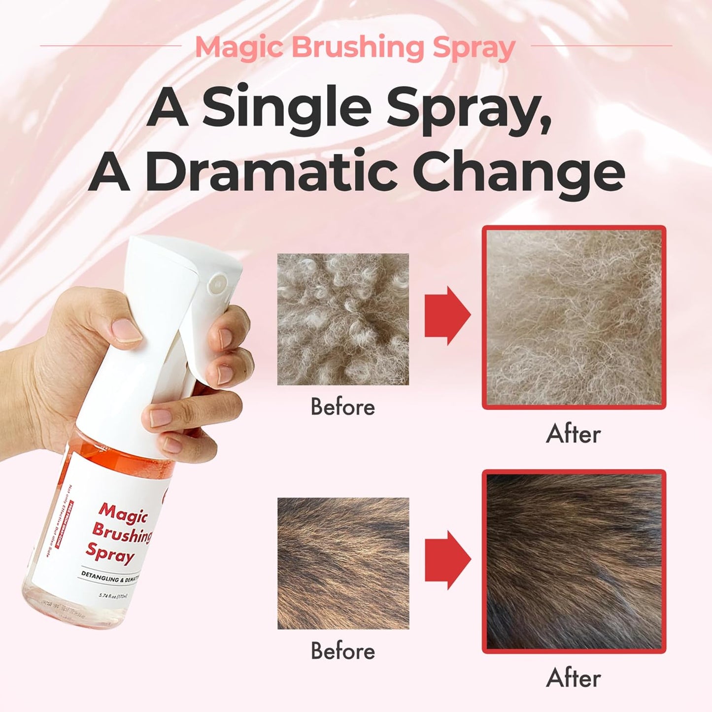 Premium dog fur dematting spray packaging highlights for managing long and matted pet coats.