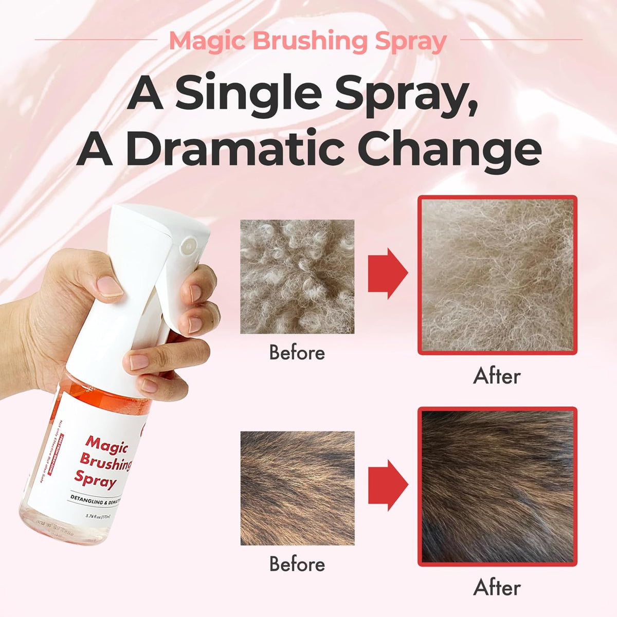 Premium dog fur dematting spray packaging highlights for managing long and matted pet coats.